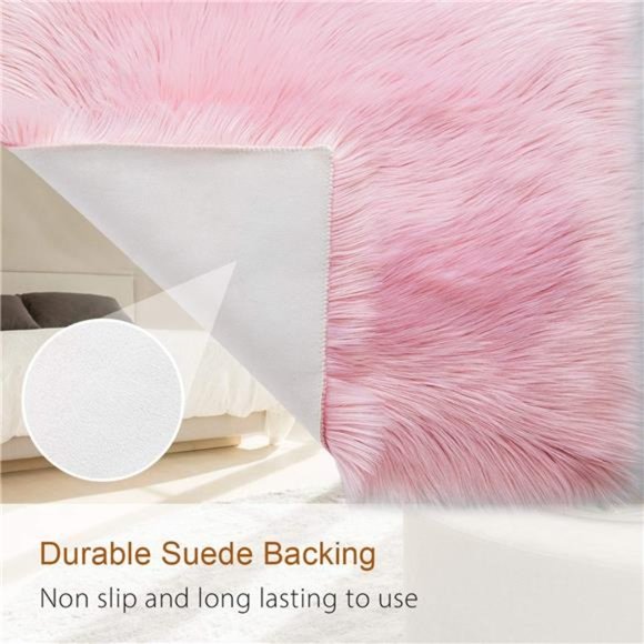 Soft Fluffy Pink Faux Fur Rugs for Bedroom Bedside Rug 2x3 Feet, Washable, Furry - Picture 3 of 7